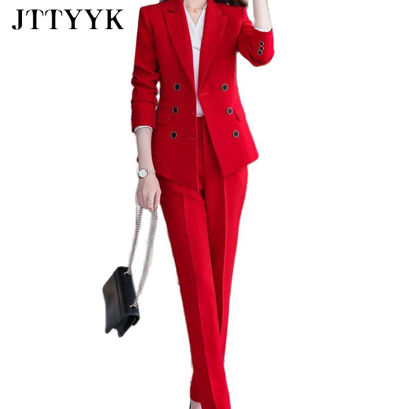 

Blazer Suit Women Autumn Suit Double Breasted Black Casual Blazer Oversize Red Office Clothes Elegant New Slim Two Piece Ladies