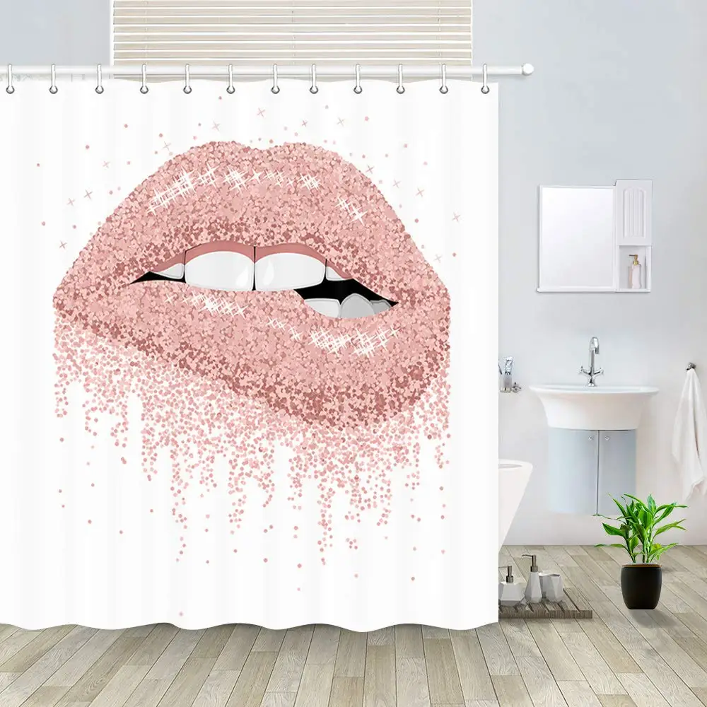 

Woman Lips Shower Curtain for Bathroom Female Pink Lips French Kiss in Young Couple Apartment Decor
