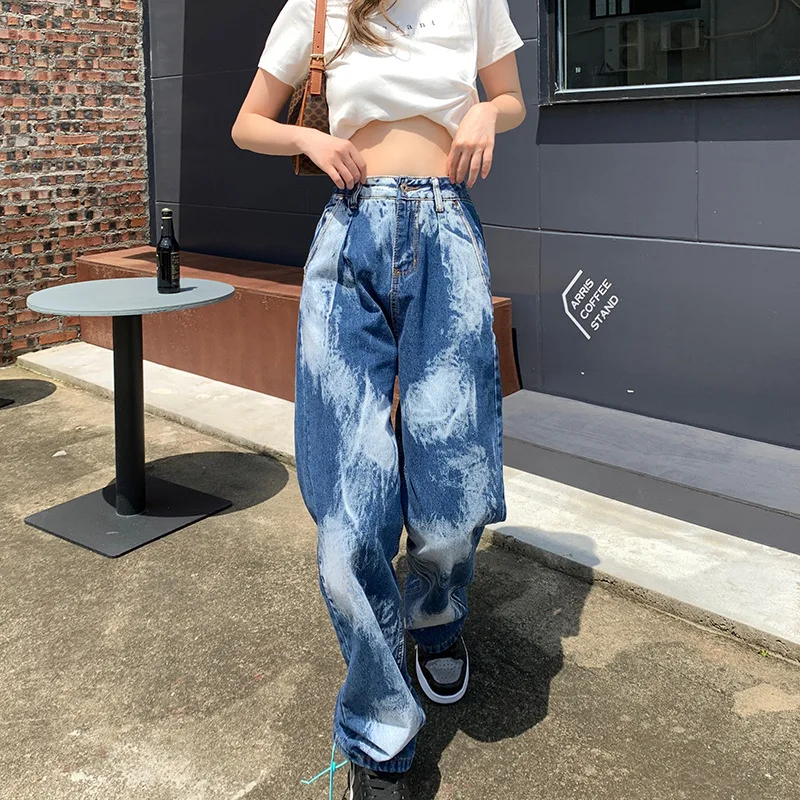 

Blue Tie Dye Jeans Straight Loose Women Wide Legs Denim Pants Harajuku Retro High Waist Baggy Vintage Korean Trousers Streetwear