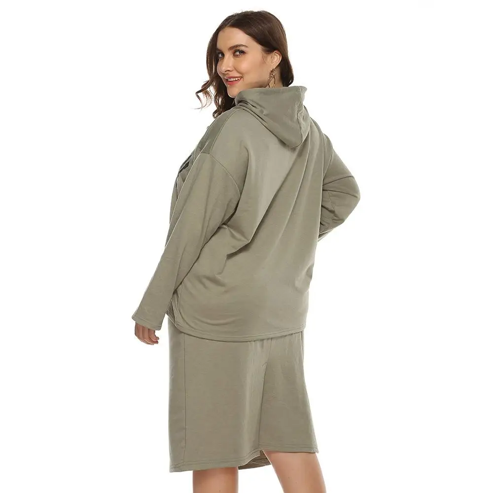 2020 Spring Women Plus size Hooded 2 Piece Sets Casual Letter Print Tops+ Skirt Large Slit Suit Leisure Two Set |