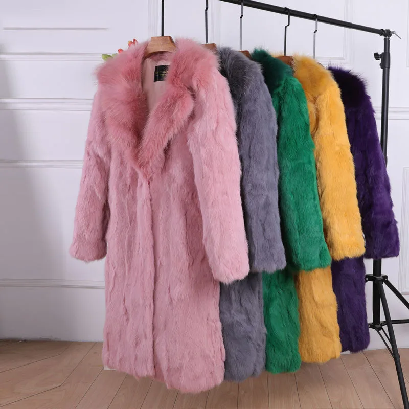 Women True Fur Winter High Quality Rabbit Genuine Fur Coat Luxury Long OverCoat Thick Warm Plus Size Female Plush Coats JK228