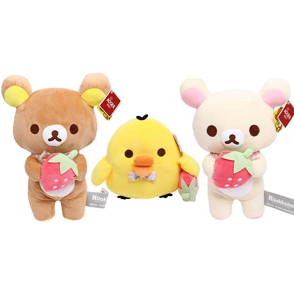 

New Strawberry Rilakkuma Doll Plush Keychain Kawaii Anime Brown Bear Stuffed Pendant Cute Couple Toy Girl Like Gift