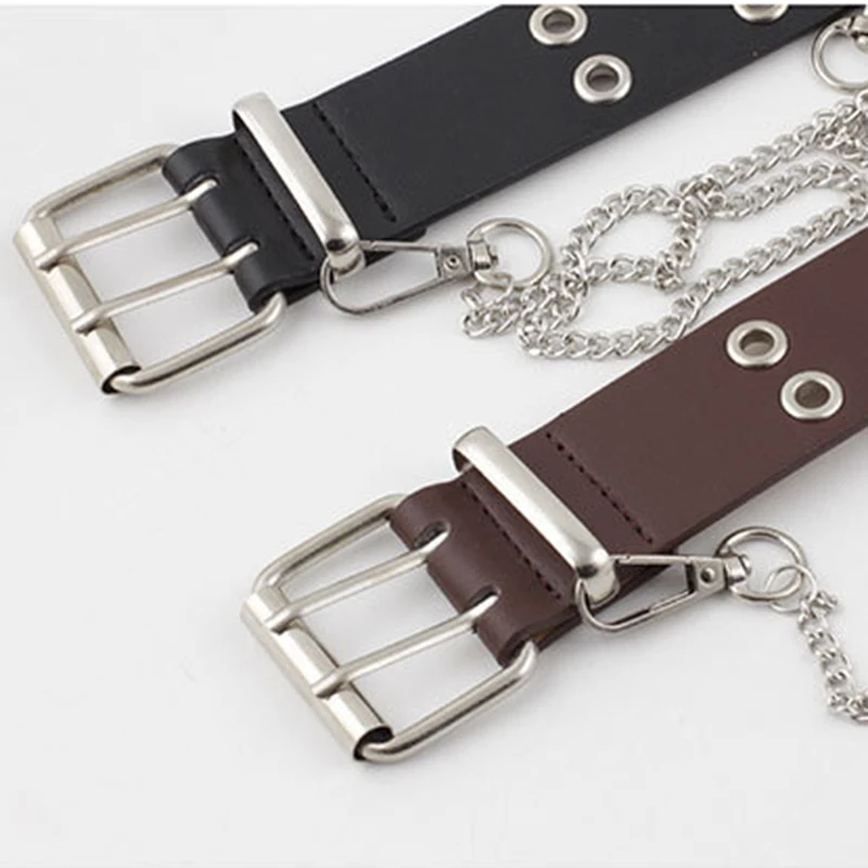 

Women Fashion Double Hole Pin Buckle Waist Belt for Jeans Metal Waist Punk Chain Luxury Belts PU Leather New Style Decorative