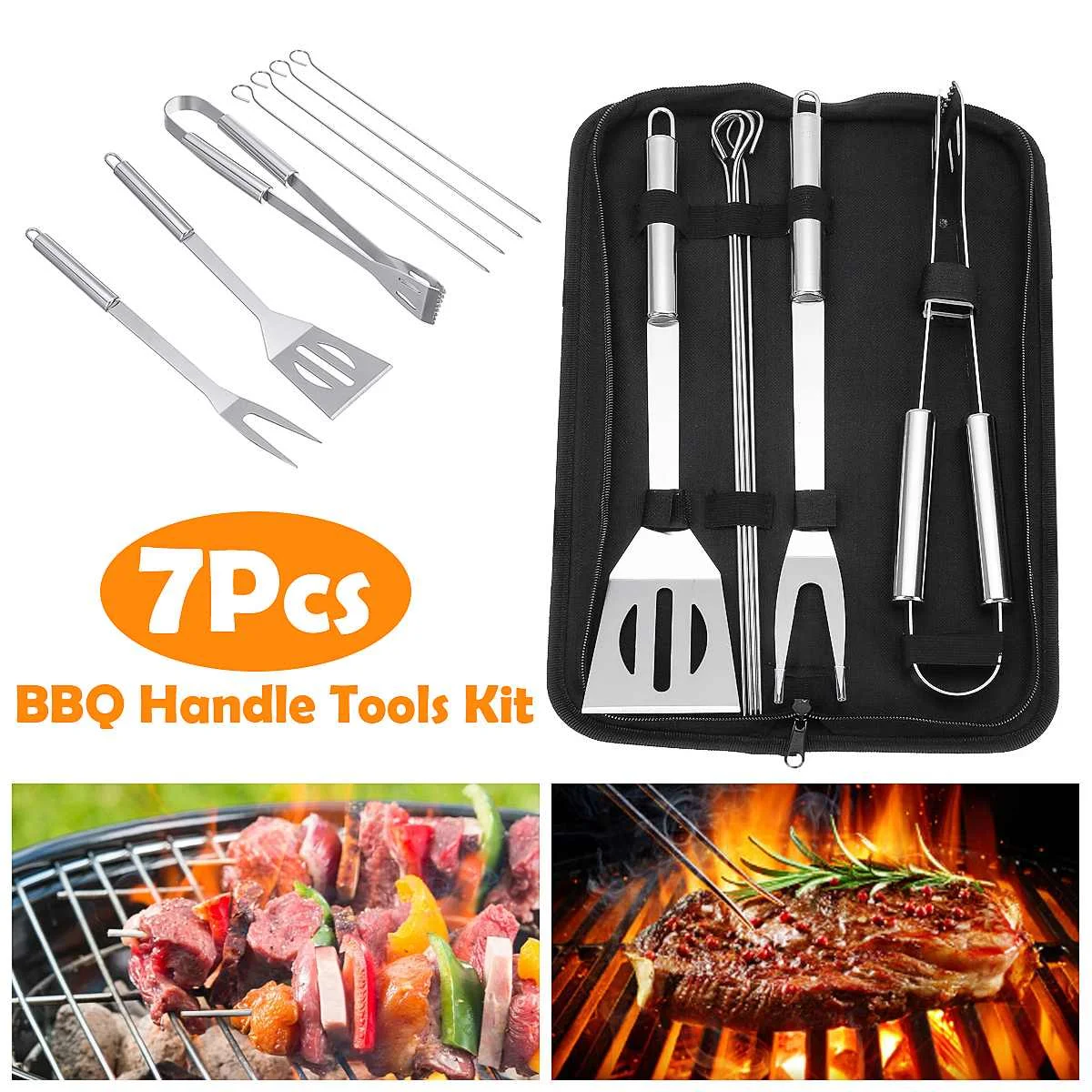 

7 Pcs/set Grill BBQ Stainless Steel Barbecue Grilling Tools Set BBQ Accessories Utensil BBQ Grill Tool Sets Cooking Tools