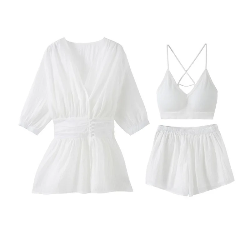 Женские белые длинные рубашки и шорты костюм комплект из 3 предметов блузка с