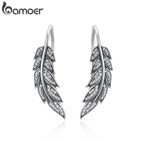 bamoer fashion 925 sterling silver vintage feather wings long drop earrings for women sterling silver jewelry brincos sce215