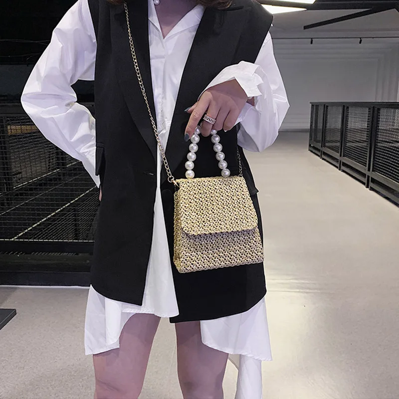 Новинка лета 2020 ручная работа соломенная плетеная сумка-мессенджер с жемчужной