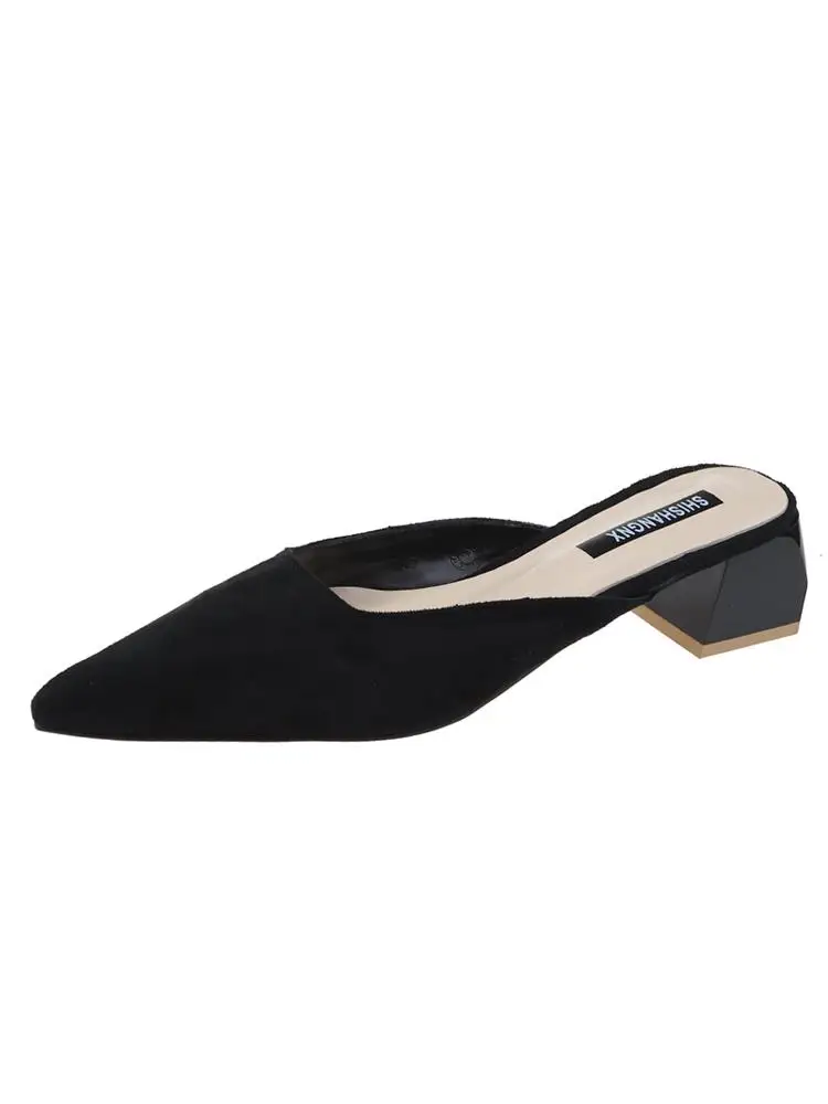 

Cover Toe Female Shoes Flock Square heel Med Ladies' Slippers Luxury Slides Mules For Women 2021 New Block Designer Hoof Heels R