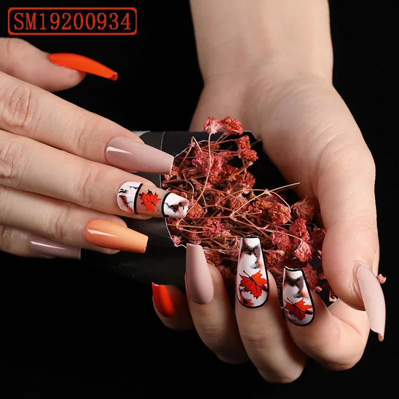 

24pcs Maples leaf Printed Nail Patch Glue Type Removable Long Paragraph Fashion Manicure Save Time False Nail Patch BUTT666