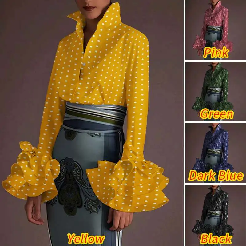

Print Tops Flare Sleeve Blouse Shirt 2021 Casual Polka Dot Autumn Long Sleeve Elegant Office Lady Lapel Neck Button Women Shirts
