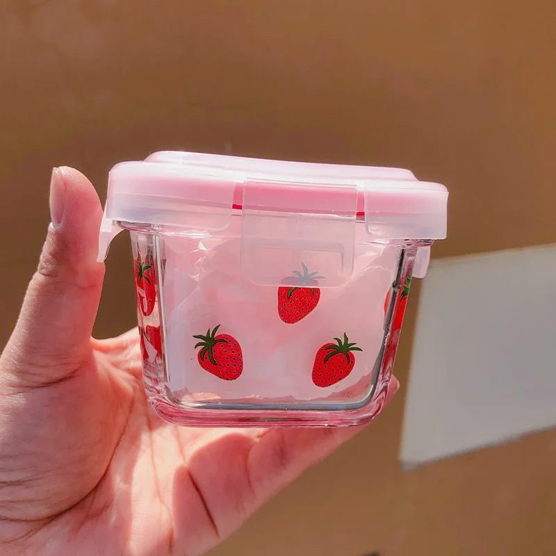 Cute Bento Box Transparent Sealed Jar Strawberry Glass Granary Kitchen Storage Jar With Lid Tea Can Food Container Storage Box
