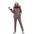 Корейский зимний женский костюм из двух предметов с меховым воротником и капюшоном, короткая женская хлопковая куртка, лыжный костюм 2021, Женский облегающий теплый костюм с брюками