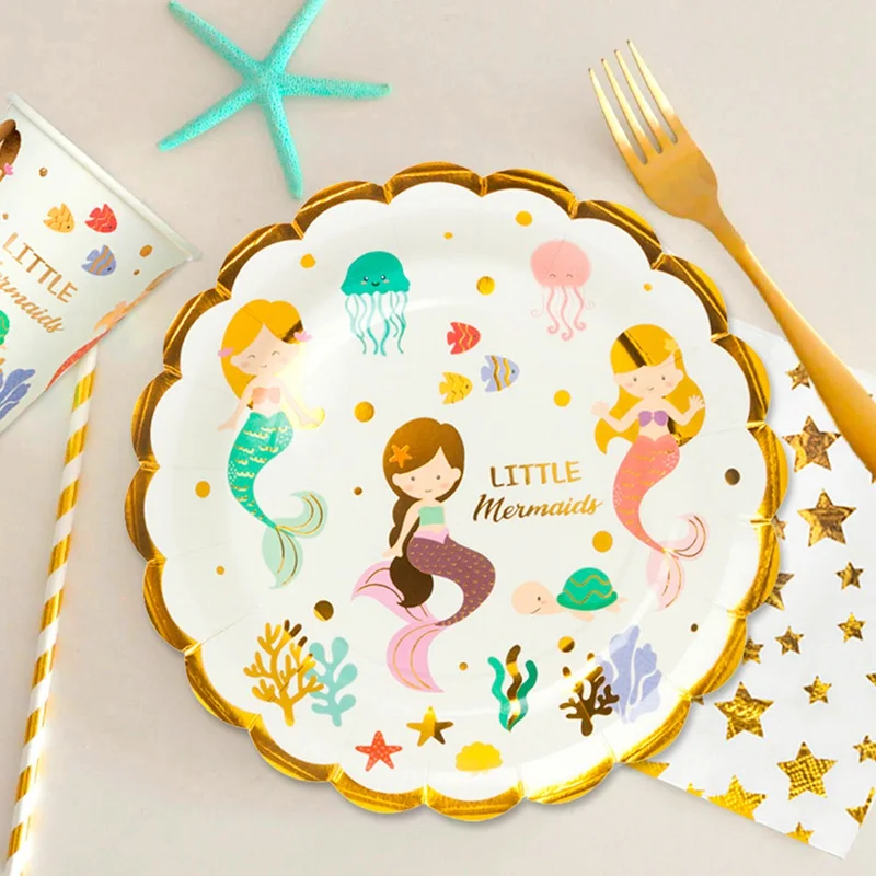 Золотые Foli Русалочка одноразовая посуда бумажная салфетка под тарелку кружку