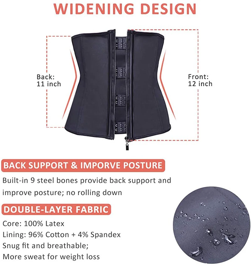 Женский латексный корсет для талии спортивный с застежкой молнией и крючком