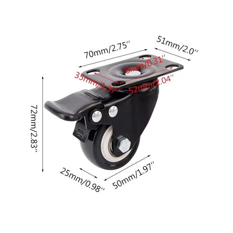 

4 Pcs Heavy Duty Flat Bottom Caster Wheels with Brake Swivel Plate No Noise Locking Polyurethane Wheels Home Seats Part