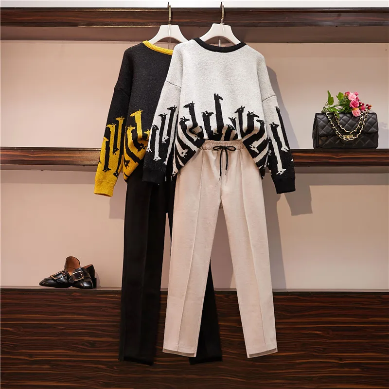 

Big Yards Winter Loose Pullover Sweater Good Quality Cloth Pants New Suit Brim Two Pcs Clothing Set Knitwear Outfit Top Trousers