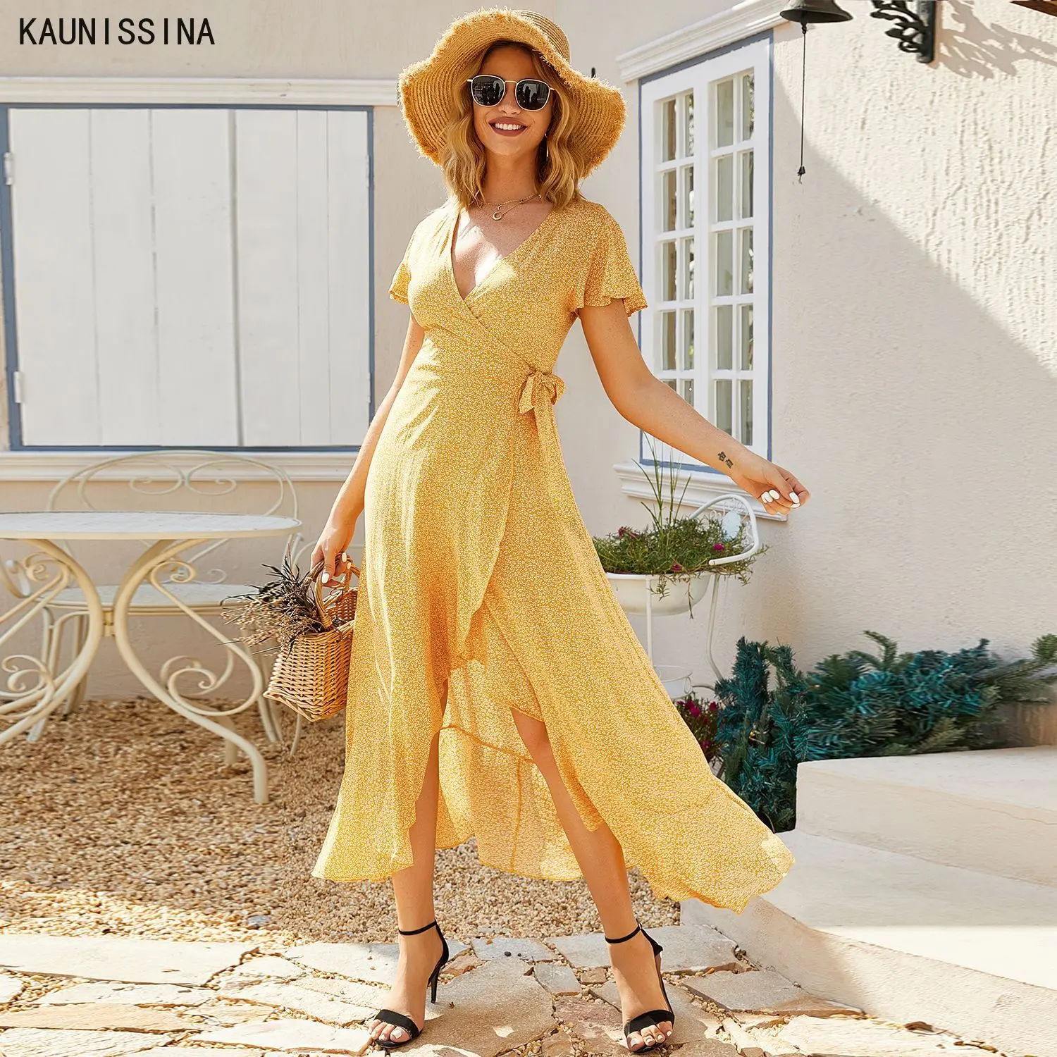 

Floral Printed Dresses For Women V-Neck Beach Bohemian Dress Short Sleeve Summer 2021 Elegant Long Asymmetrical Vestidos