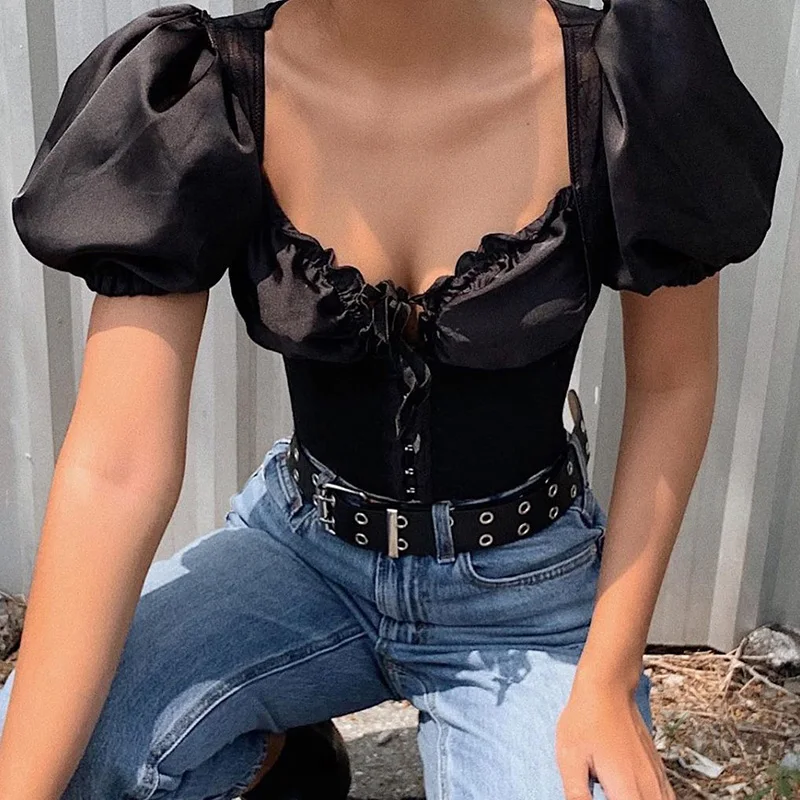 Женский винтажный облегающий Топ InsGoth пикантный топ с пышными короткими рукавами