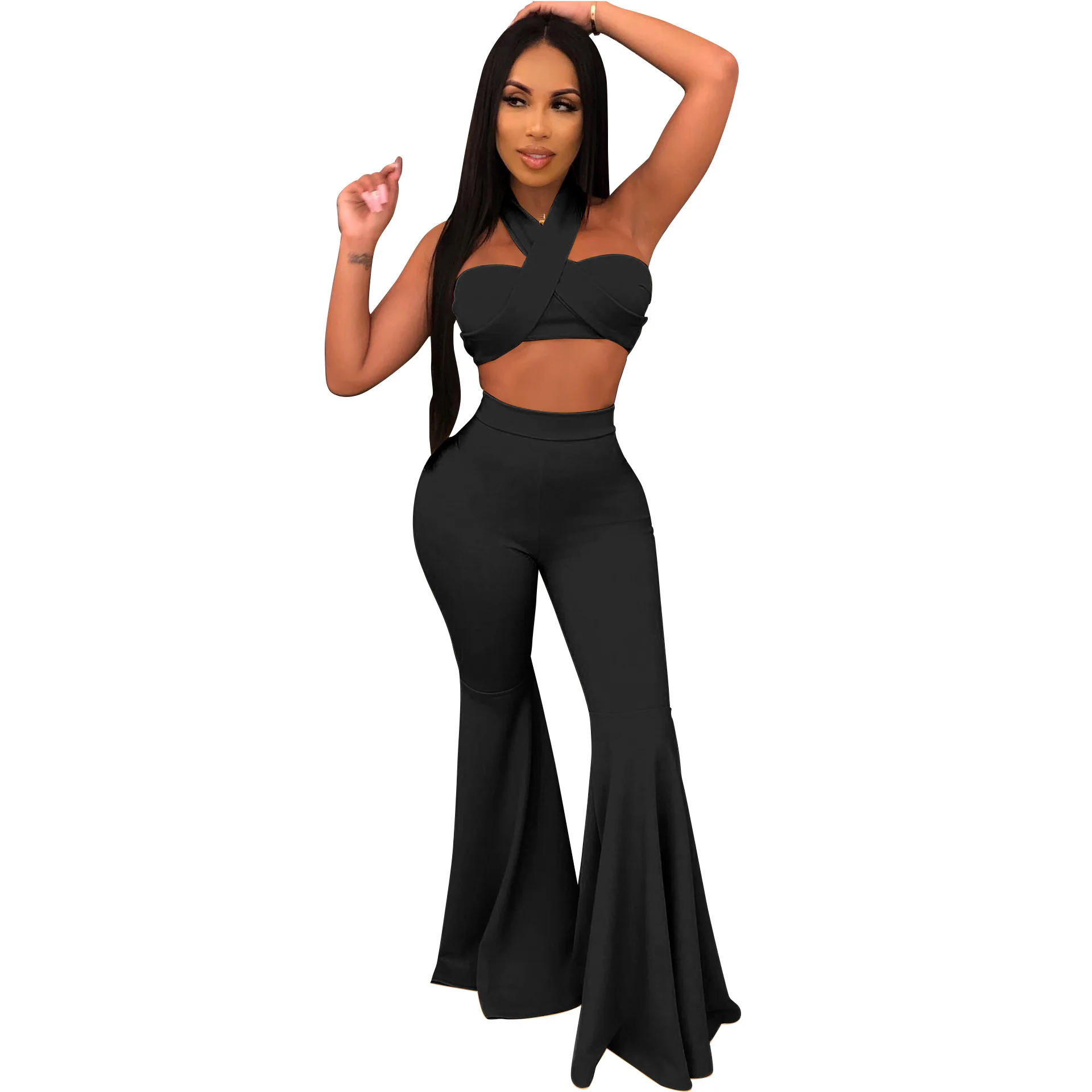 

BKLD Women Two Pieces Set Sexy Solid Bandage Strapless Crop Top And Flare Leg Long Pants Sets Women Outfits Tracksuit Women 2019