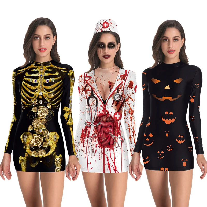 Helloween платье на костюмированную вечеринку Скелет боди с дизайном Тыква