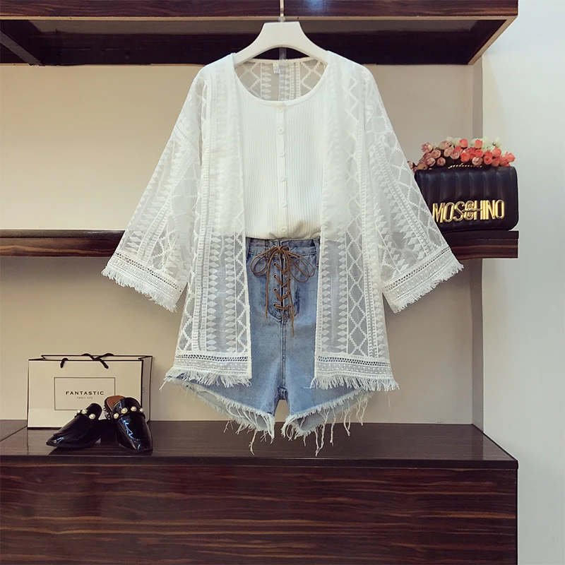 

Plus size fashion 3Piece Set Women Personalized embroidery tassels Sunscreen Shirt+Solid Knit Vest+High waist Denim Shorts Suits