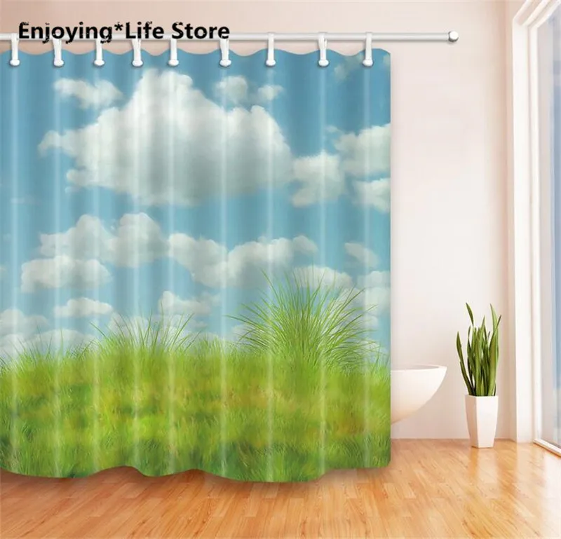 

Blue Sky & Grassland Shower Curtain Waterproof Fabric Shower Curtain Bathroom Decoration 72 x 72 with 12 Hooks