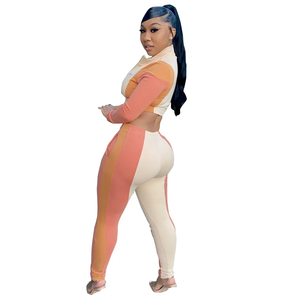 

Fashion Two Pieces Women Sets Stand Neck Zipper Long Sleeve Contrast Color Patchwork Crop Tops High Waist Pants Tracksuits