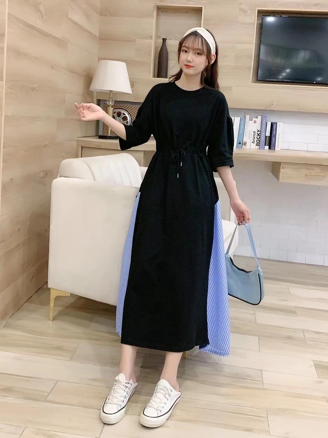 

COIGARSAM Short Sleeve Women dress Loose High Waist Dresses Gray Black 2439