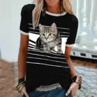 Футболка женская с принтом кота, рубашка в полоску с круглым вырезом и коротким рукавом, повседневный топ-туника в стиле Харадзюку, летняя футболка для девушек