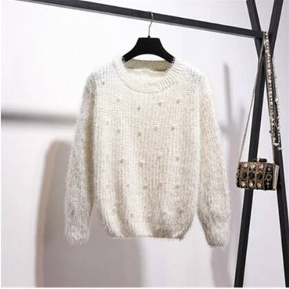 Sweater Smthma/Новые осенне-зимние женские комплекты из 2 предметов, Женский Яркий шелковый свитер с длинными рукавами+ твидовая юбка с жемчужинами - Цвет: Sweater