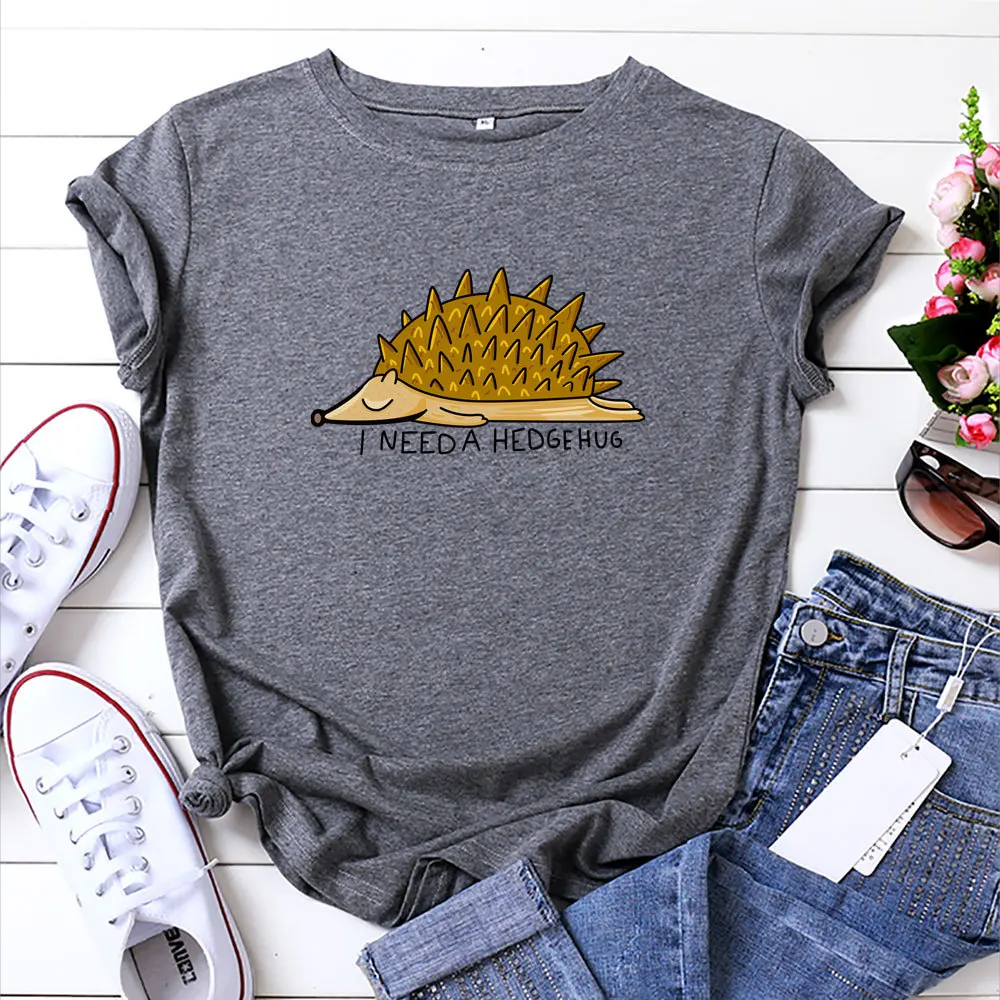 

Summer New Cotton Women T Shirt Cute Hedgehog Cartoon Printed Woman Tops Short Sleeve Oversized T-shirt Female Tee