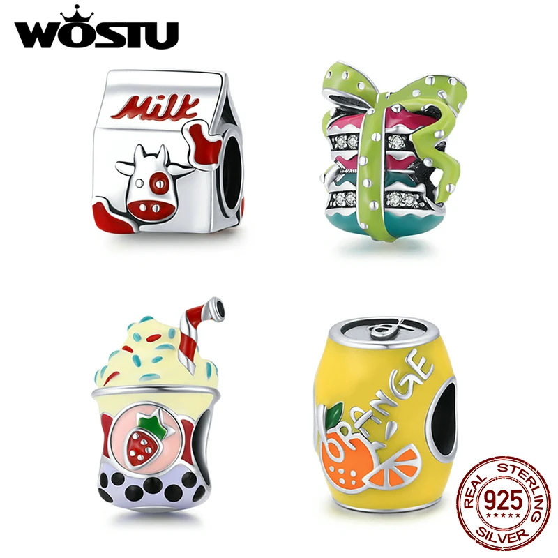 

WOSTU Genuine 925 Sterling Silver Enamel Mini Milk Ice Cream Bead Charm Pendant Fit Bracelet Bangle Women DIY Fine Jewelry Gift