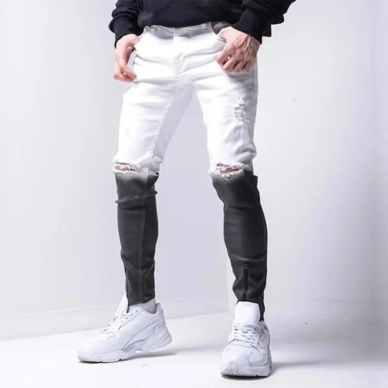 

Mens Ripped Jeans Hip Hop Distressed Slim Fit Stretch Denim Pants Skinny Biker Trousers Gradient White Black Skinny Jeans Men