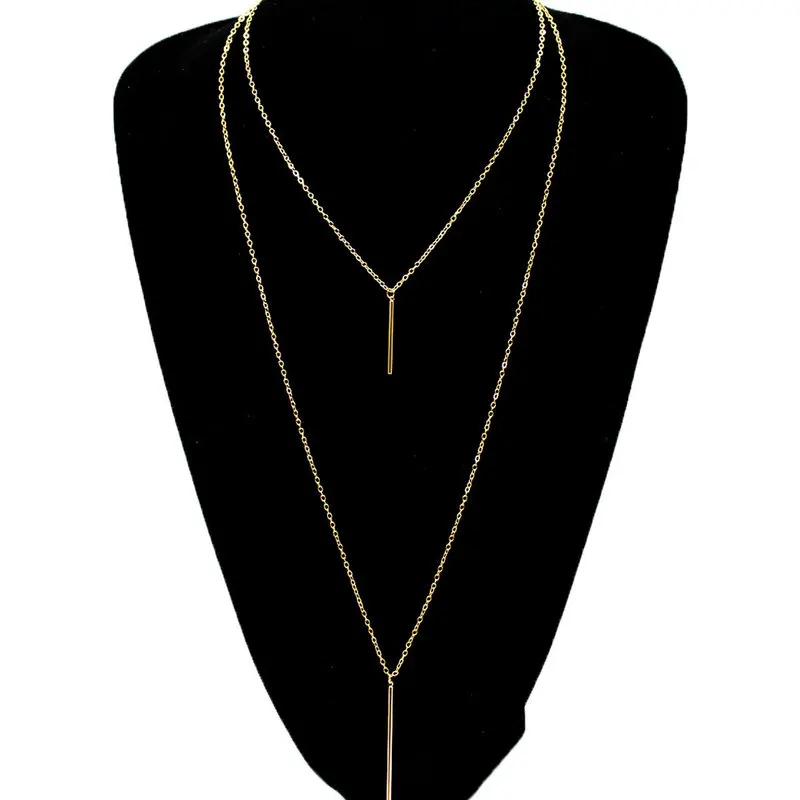 

Simple Metal Bar Long Chain Necklace Pendants Women Double Layered Clavicle Statement Necklaces
