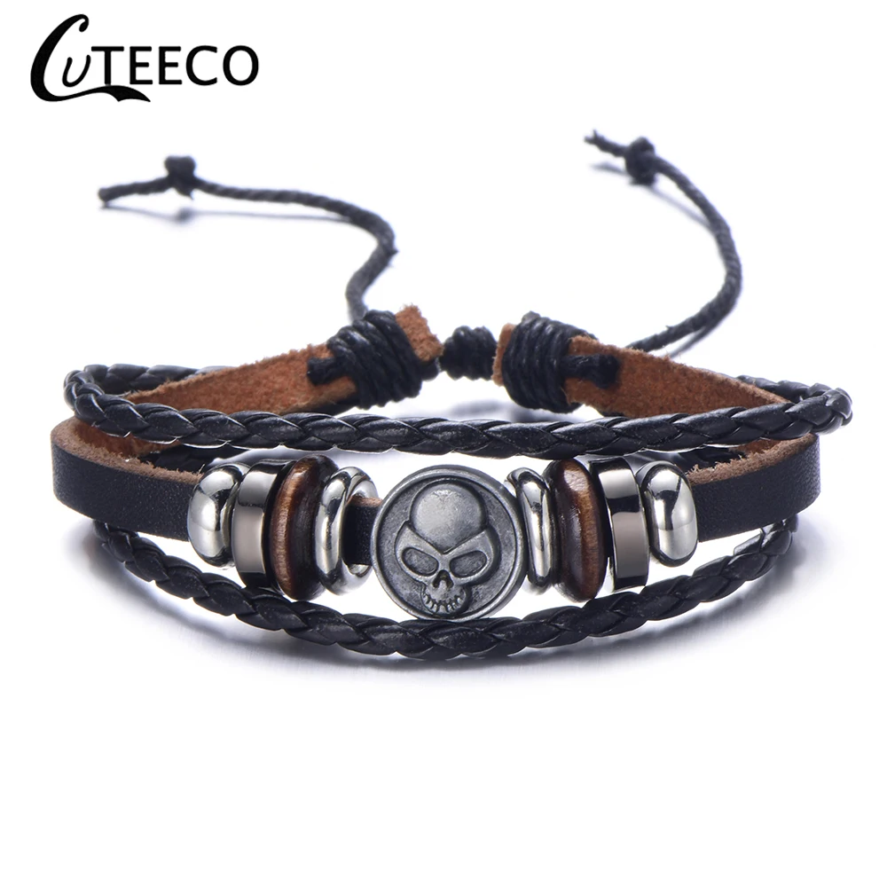 Недорогой браслет Cuteeco со скелетом черепом панк готика рок кожаный с пряжкой для