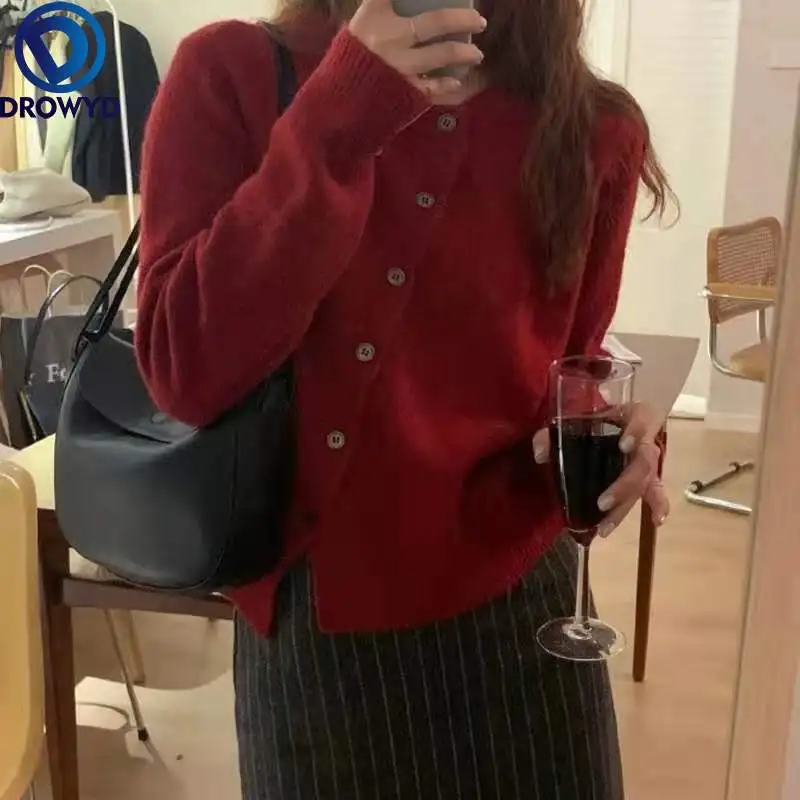 

Women's Design Feeling Irregular Inclined Button Knitted Sweater Long Sleeve Jumper Cardigans Casual Fashion Pull Femme Coat Top
