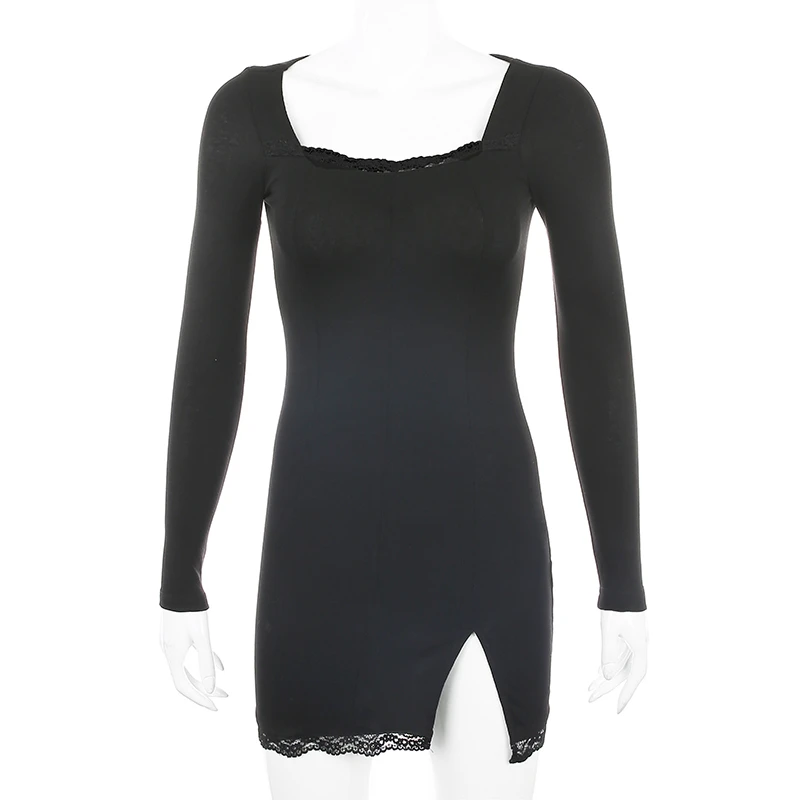 

Donsignet Autumn Spring Women Sexy Lace Patchwork Long Sleeve Split Dress Hip Package Mini Vestido Party Club Low Chest Dresses