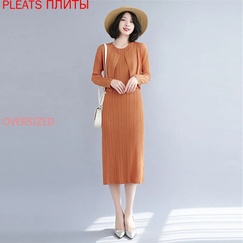 

Miyake Fold Sunscreen Shirt + Dress Female Summer New Loose Large Size Wild Show Thin Two-piece Set Female Dress Suit Shirt Set