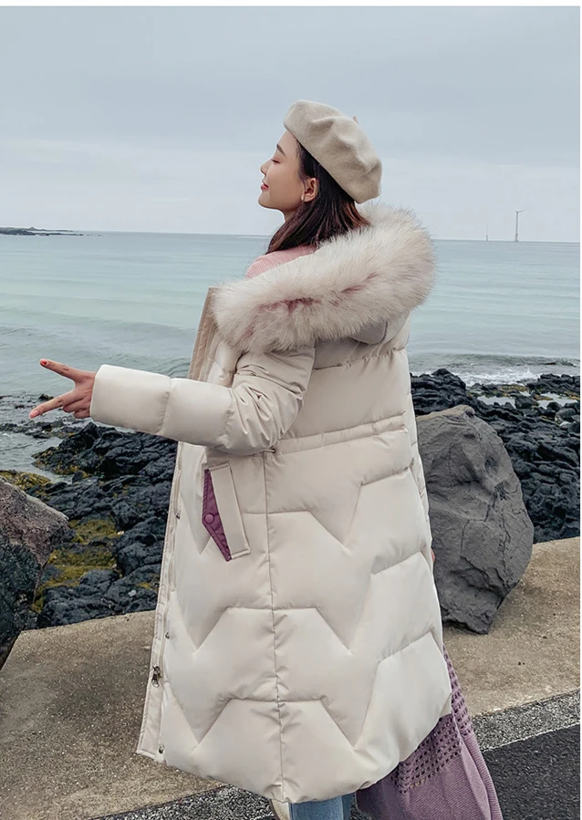 Ins Winter New Women's Hooded Down Parka Long Jacket Casual Big Fur Zipper Full Sleeve Korean Style Thick Coat C90802K