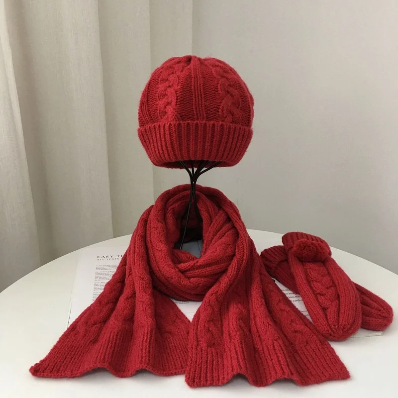 

Adult Winter Hat Scarf Gloves Set Combination Fashion Warm Thick Sold Cashmere Knitted Beanies Neck Scarf Men Women 3pcs/set