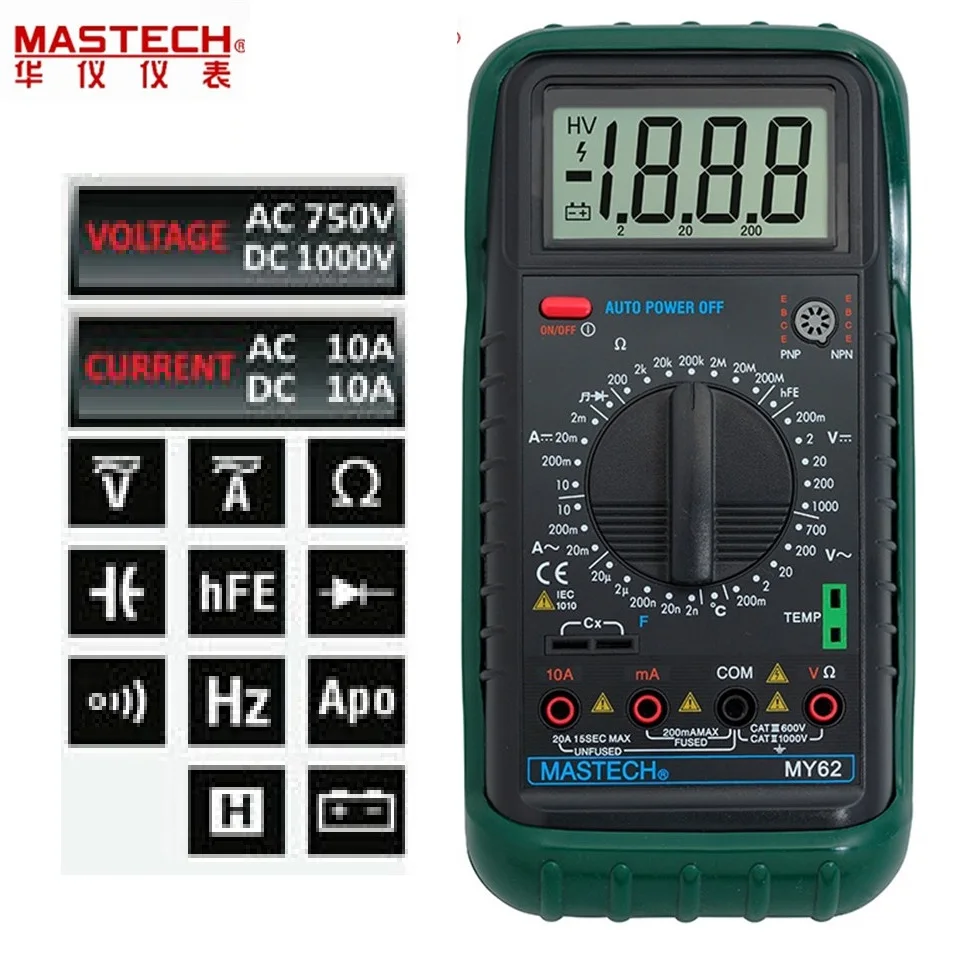 1 шт. MASTECH MY62 Ручной цифровой мультиметр DMM с термоемкостью и тестовыми