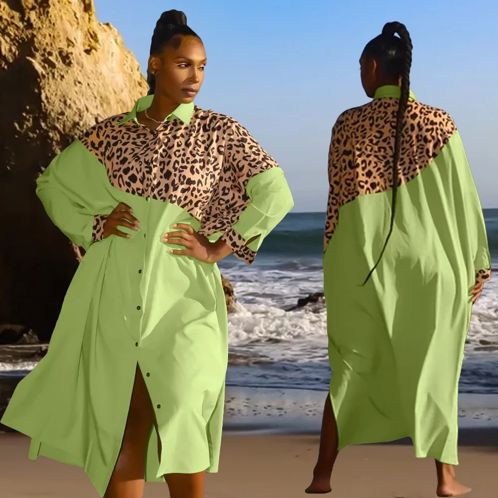 

MD Large Size Clothing Dashiki Leopard African Dresses For Women Long Sleeve Ankara Shirt Dress 2021 Autumn Robe Marocaine Abaya