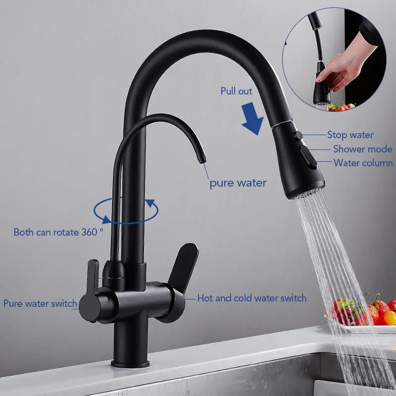 Монтируемый на палубе черный кухонный кран выдвижной фильтр для горячей и