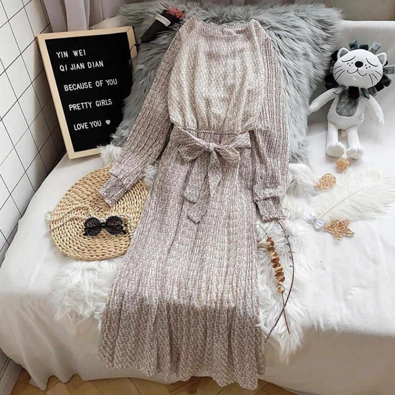 Женское шифоновое платье с круглым вырезом винтажное плиссированное трапеция