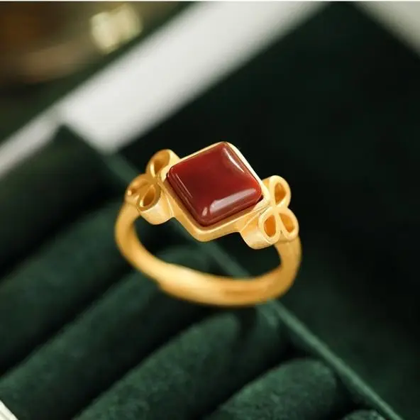

S925 Sterling Silver Natural South Red Agate Gray Jade Geometric Personalized Bow Simple Retro with Opening Women's Ring Finger