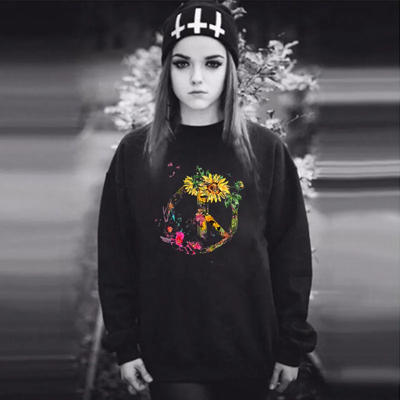 

Women Hoodie Peace Flower Printed Hoodies Women Fleece Long Sleeve O Neck Loose Sweatshirt Girls Pullovers Winter