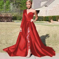 long sleeve one shoulder red evening dress with pant suit chic african jusmpuit prom dresses 2020 satin long formal dress lace