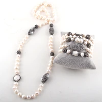rh fashion jewelry set pearl beads knotted handmake paved freshwater pearl necklace and bracelet set for women jewelry