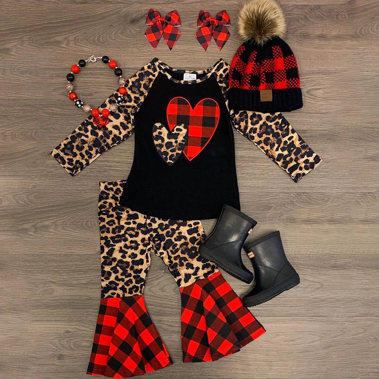 Conjuntos de ropa para ni&ntilde;as de 1 a 6 a&ntilde;os, camisetas con estampado de leopardo, Tops + pantalones acampanados, trajes informales-5