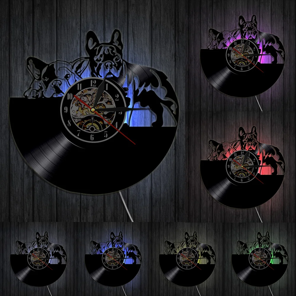 

French Bulldog Vinyl Record Wall Clock Modern Design Animal Pet Shop Decor Puppy Wall Clock Relogio De Parede Bulldog Lover Gift